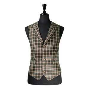 Mens 42R Wool Vest Beige Green Plaid Check Waistcoat Formal Party Casual Preppy